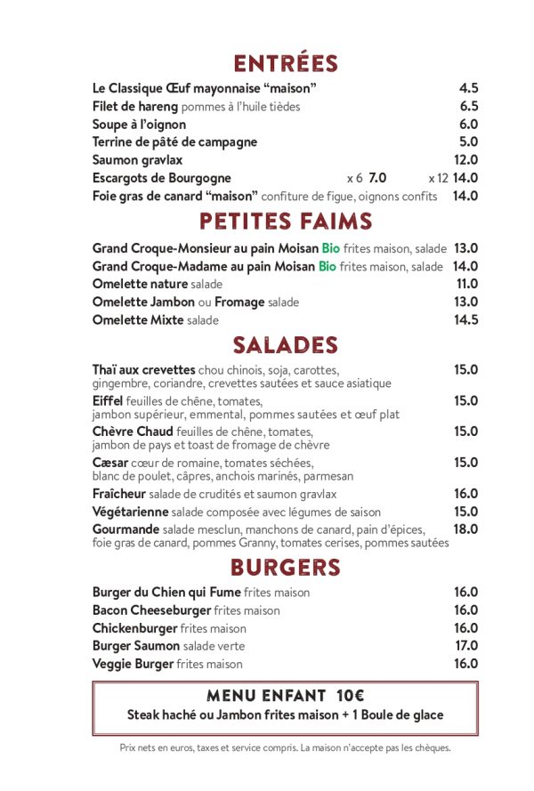 La carte Au chien qui Fume